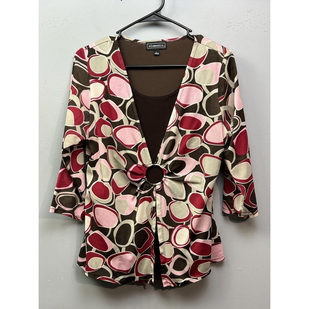 Elementz Shirt Womens Large Brown Pink Ring Abstract Print Stretch‎ Top